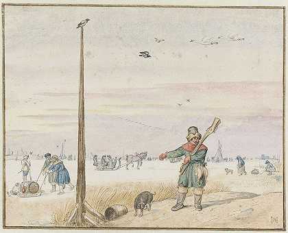 Hendrick Avercamp的《冬季风景：一个带着猎物的猎鸭人，肩上扛着枪在冰封的河岸上》