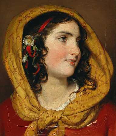弗里德里希·冯·阿默林（Friedrich von Amerling）的《一个戴着红色发带和黄色头巾的女孩的肖像》