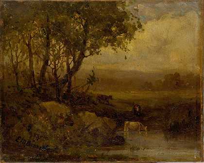 爱德华·米切尔·班尼斯特的《无题》（风景、河岸、三头牛）