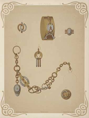 “六种珠宝设计，包括带有锁和两把钥匙的金手镯”