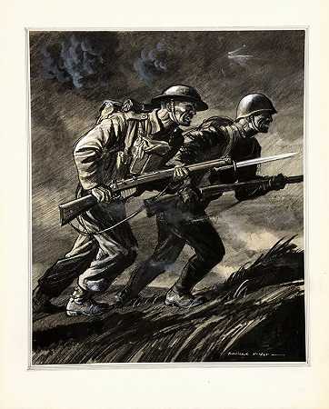 罗兰·希尔德的《一名英国士兵和一名俄罗斯士兵用步枪冲锋》