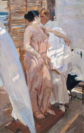 《粉色长袍：沐浴后》，作者：Joaquín Sorolla