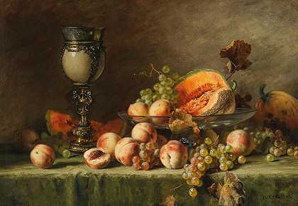 朱利叶斯·维克托·卡斯滕斯的《桃、葡萄和南瓜的静物》