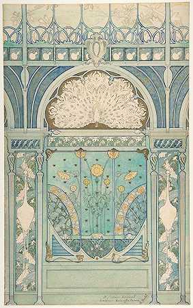 埃米尔·赫特雷（Emile Hurtré）《巴黎朗厄姆酒店餐厅孔雀、鹤和向日葵墙面装饰设计》