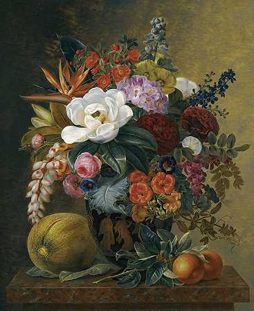 约翰·劳伦茨·詹森（Johan Laurentz Jensen）的《异国情调的花朵在大理石壁架上盛开，果子放在希腊克拉里》
