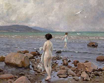 保罗·费舍尔的《两个在岩石海滩上洗澡的女孩》