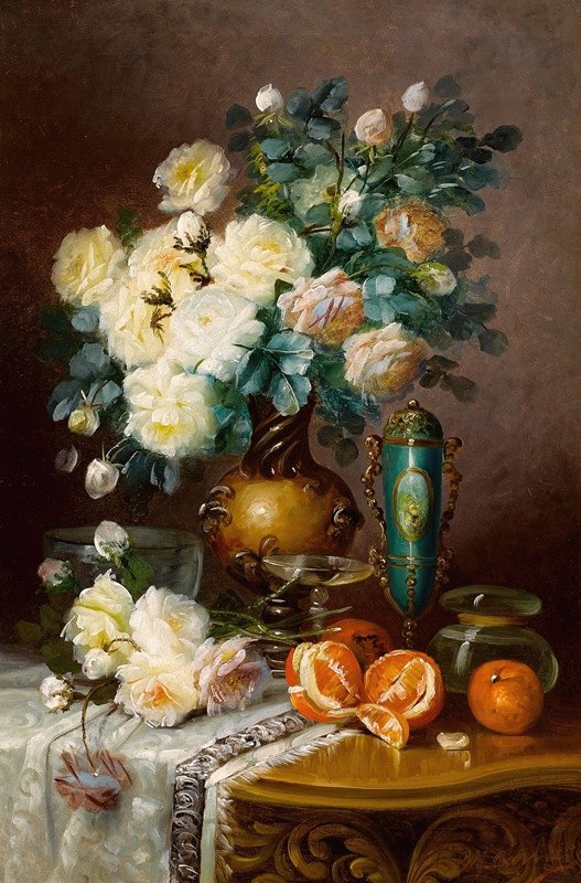 马克斯·卡利尔的《白玫瑰、橘子和瓷瓮》
