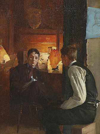 古斯塔夫·维尔梅伦（Gustav Vermehren）的《两个年轻人的室内灯光》