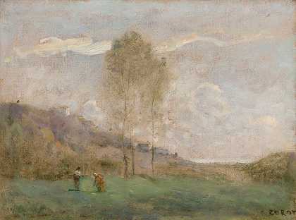 “风景秋天靠近海岸，有两个角色，作者：Jean-Baptiste-Camille Corot