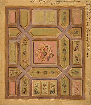 “镶板天花板的设计，在描画纸上画有蒲蒂、鸟和花卉图案由朱尔斯·埃德蒙德·查尔斯·拉查伊斯（Jules Edmond Charles Lachaise）安装在编织纸上
