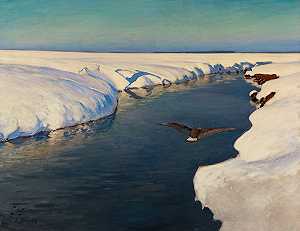 朱利安·法拉特的《一条河和一只鸟的冬季风景》