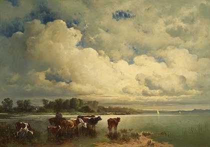 卡尔·施温格的《奶牛的水风景》