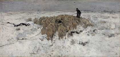 安东·莫夫的《雪地里一群羊和牧羊人》