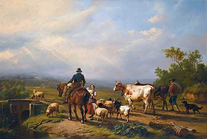 《在广阔的风景中与牧羊女交谈的骑手》，作者：尤金·约瑟夫·韦尔博克霍温