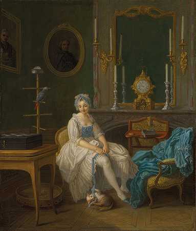 “一间闺房的内部，一位女士穿着艾蒂安·杰奥拉特（Etienne Jeaurat）的白色和蓝色连衣裙
