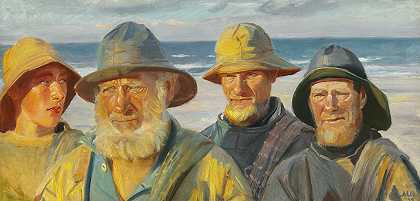 迈克尔·安彻（Michael Ancher）的《四个渔民在阳光下的斯卡根海岸》（Skagen Strand）