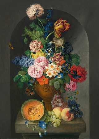 弗兰兹·泽弗·皮特的《一个青铜花坛，里面有一个甜瓜、桃子和葡萄、一只蝴蝶和一只毛毛虫》