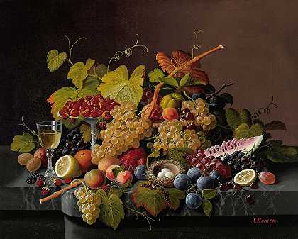 Severin Roesen的《水果与鸟巢的静物》