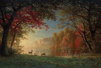 阿尔伯特·比尔斯塔特的《印度日落，湖边的鹿》