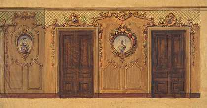 Jules Edmond Charles Lachaise设计的双门房间，装饰有水果和鲜花的花环、卷轴和格子