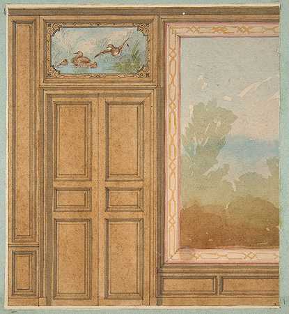 “带有壁画或挂毯的镶板墙立面图，双门上有朱尔斯·爱德蒙德·查尔斯·拉查伊斯的鸭子画