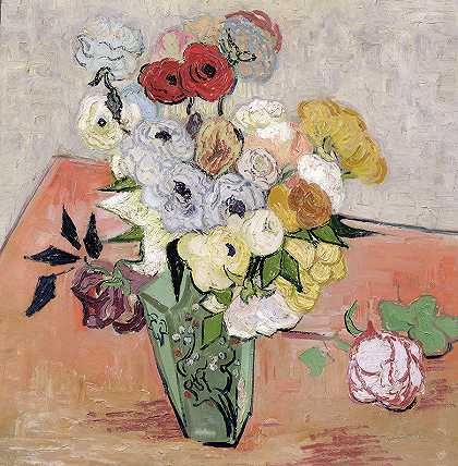 文森特·梵高的《带玫瑰和海葵的日本花瓶》 布面油画