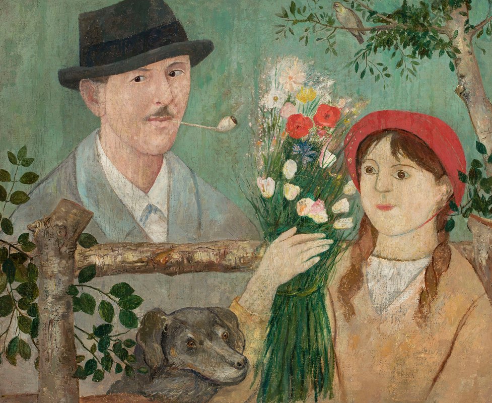 Tadeusz Makowski的《篱笆边的空想》（自画像，带着花和狗的女孩）