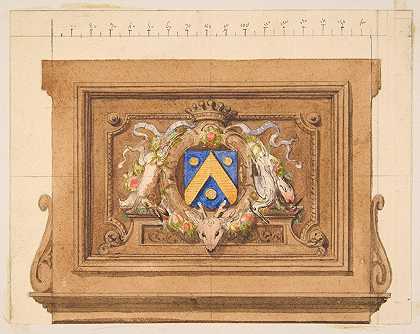 Jules Edmond Charles Lachaise设计了一块装饰板，上面有狩猎奖杯、盾牌和王冠
