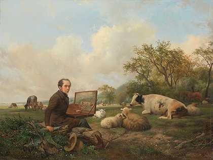亨德里库斯·范·德·桑德·巴赫伊岑的《艺术家在草地上画一头牛》