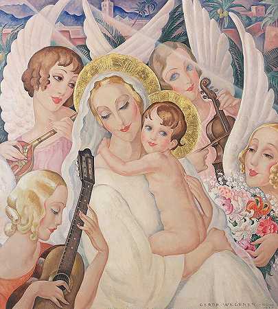 “带着孩子的麦当娜，周围是格尔达·韦格纳的音乐天使