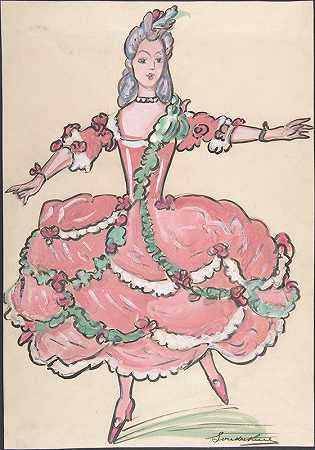 谢尔盖·尤里耶维奇·苏代金（Sergey Yurievich Sudeikin）的《穿着优雅的粉红色和绿色长袍的女人》