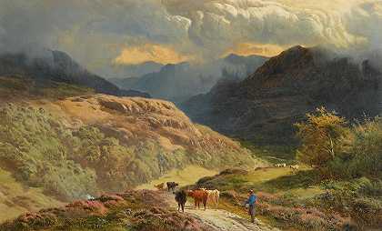 西德尼·理查德·珀西（Sidney Richard Percy）的《带人物和牛的山地湖泊场景》