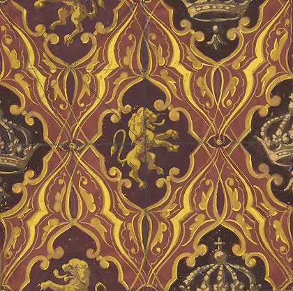 Jules Edmond Charles Lachaise的壁纸设计，以猖獗的狮子和王冠为特色