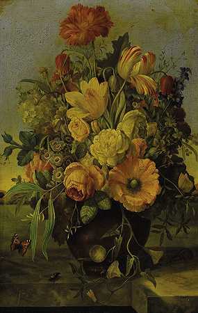Franz Xaver Petter的《大理石窗台上精致的花束与远处的风景》