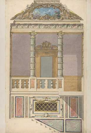“意大利室内立面图，包括由朱尔斯·埃德蒙德·查尔斯·拉查伊斯（Jules Edmond Charles Lachaise）用复合柱装饰的台阶和上凉廊