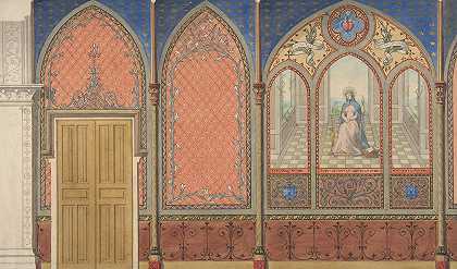 朱尔斯·爱德蒙德·查尔斯·拉查伊斯（Jules Edmond Charles Lachaise）的《教堂或礼拜堂立面图》，带有装饰图案和圣母玛利亚彩绘三联画