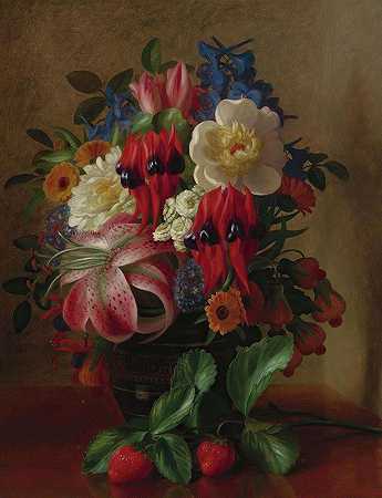 乔治·亨利·霍尔的《花与草莓的静物》