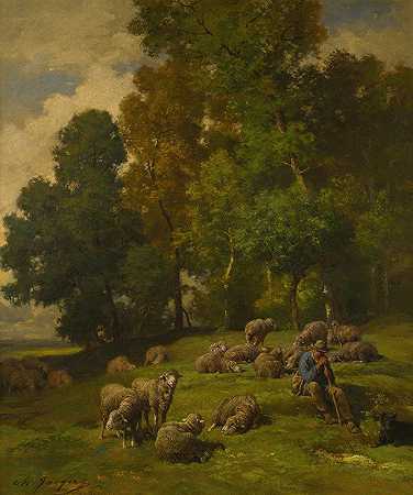 查尔斯·埃米尔·雅克（Charles Emile Jacque）的《带着羊群在田里牧羊》