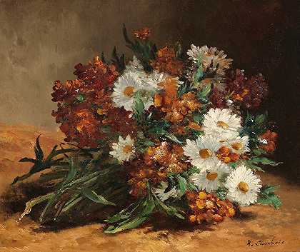 “Eugène Henri Cauchois的雏菊和金漆花束