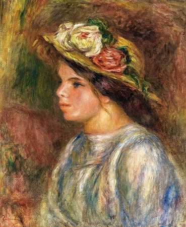 “女人的半身像，稻草帽装饰着皮埃尔·奥古斯特·雷诺阿