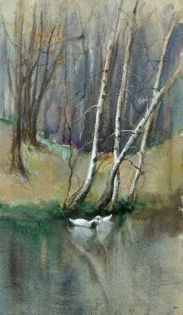 爱德华·米切尔·班尼斯特（Edward Mitchell Bannister）的《无题》（桦树和鸭子的森林场景）