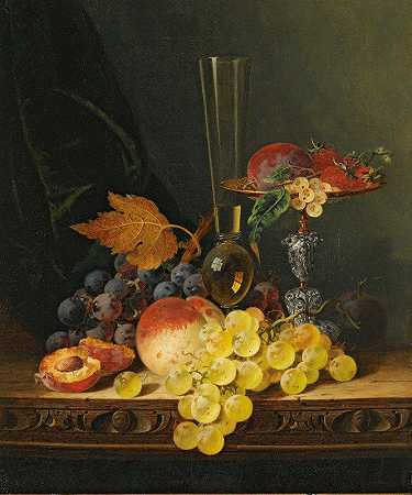 爱德华·拉德尔的《泰萨、水果和酒杯的静物》