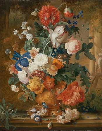 《牡丹、玫瑰、康乃馨、鸢尾花、银莲花、木耳和其他陶土花瓶中的花》，作者：Mélanie de Comolera