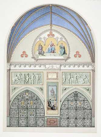 罗斯基尔德大教堂克里斯蒂安四世小教堂拱顶装饰草图。位于克里斯蒂安四世中，小时候。上图为海因里希·埃德林创作的两条雕带，其中有国王生平的场景