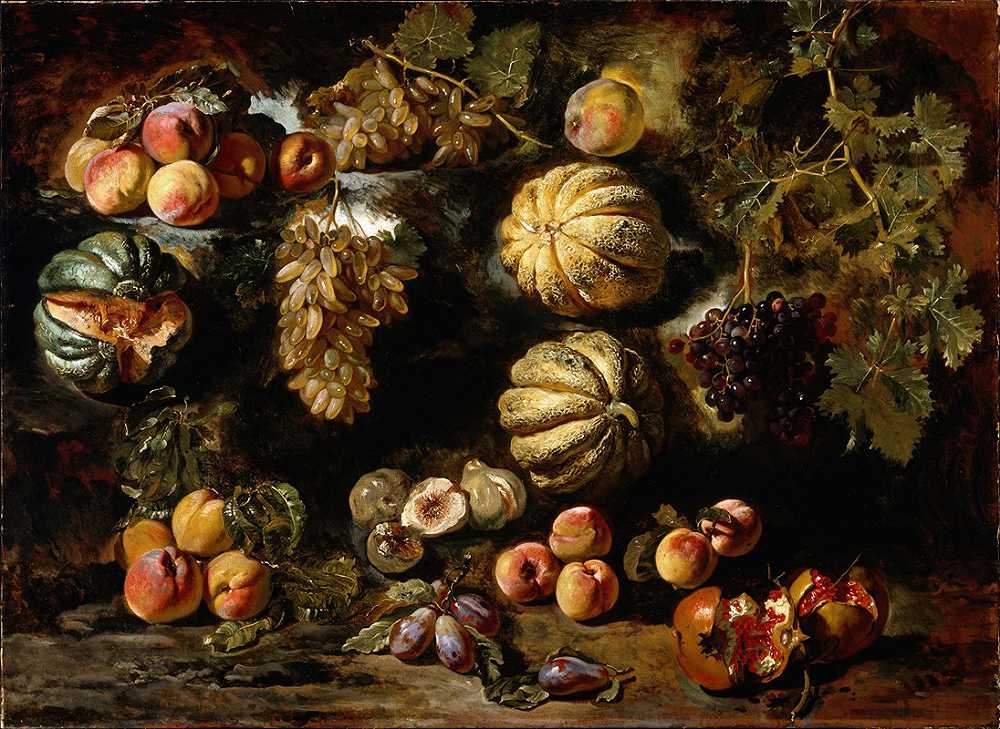 Michele Pace del Campidoglio的《甜瓜、桃子、无花果和葡萄的静物》