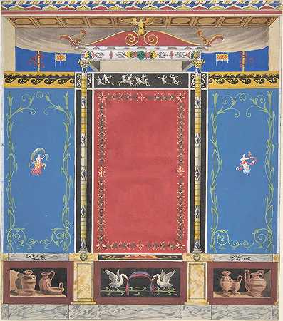 朱尔斯·爱德蒙德·查尔斯·拉查伊斯（Jules Edmond Charles Lachaise）的《粉刷墙壁装饰，底部有一对天鹅和Trompe L’Oeil花瓶的细柱》