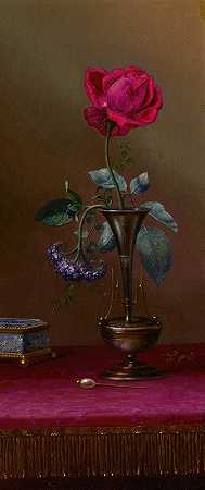 马丁·约翰逊·海德的《花瓶里的红玫瑰和向日葵》