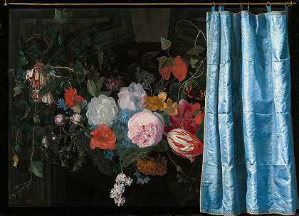 “Trompe-l Oeil静物与花环和窗帘”，阿德里安·范德斯佩特著