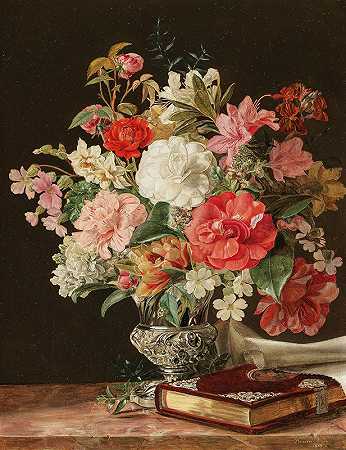 罗莎莉亚·阿蒙的《一束银色花瓶里的山茶花》