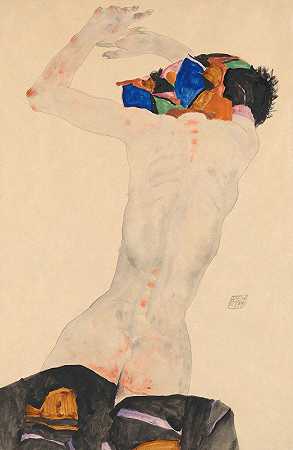 埃贡·席勒的《背部裸体，彩色布料》